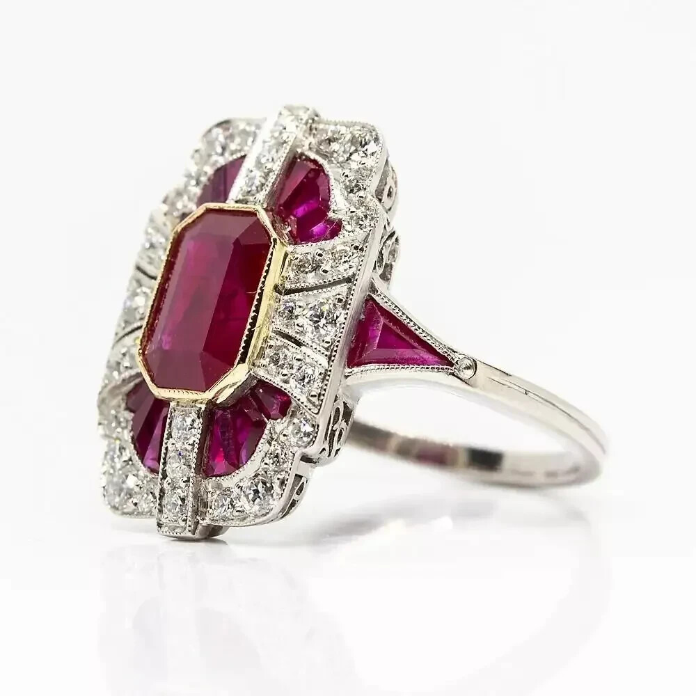 5Ct Vintage Art Deco Style Simulated Ruby Engagement 14K White Gold Finish Ring