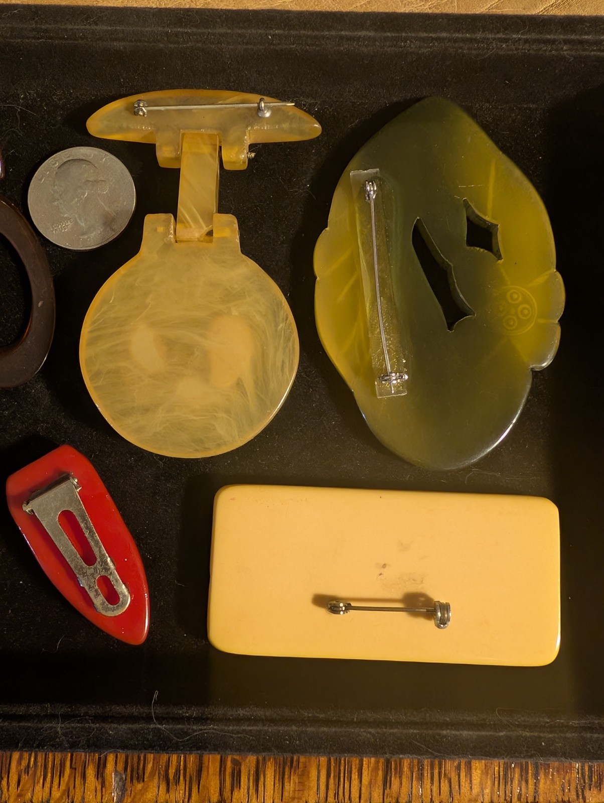 7 Vintage Bakelite Large Carved Pins, etc. Great colors, hand carved!