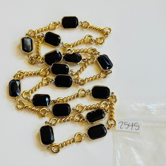 VTG Regal gold link necklace black open bezel Chicklet statement runway 90s 30″