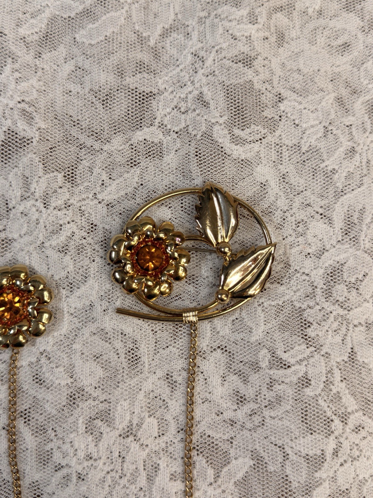 Vintage Linc 12k Gold Filled Double Flower W/ Orange Amber Stone Brooch Pin