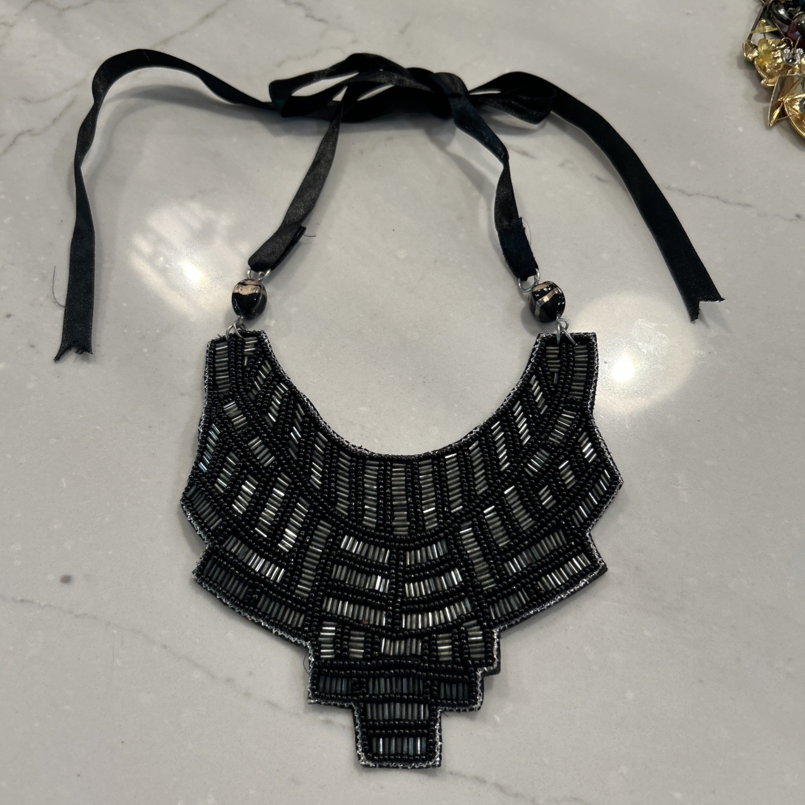 Vintage Beaded Collar Choker Necklace Black Ribbon Retro