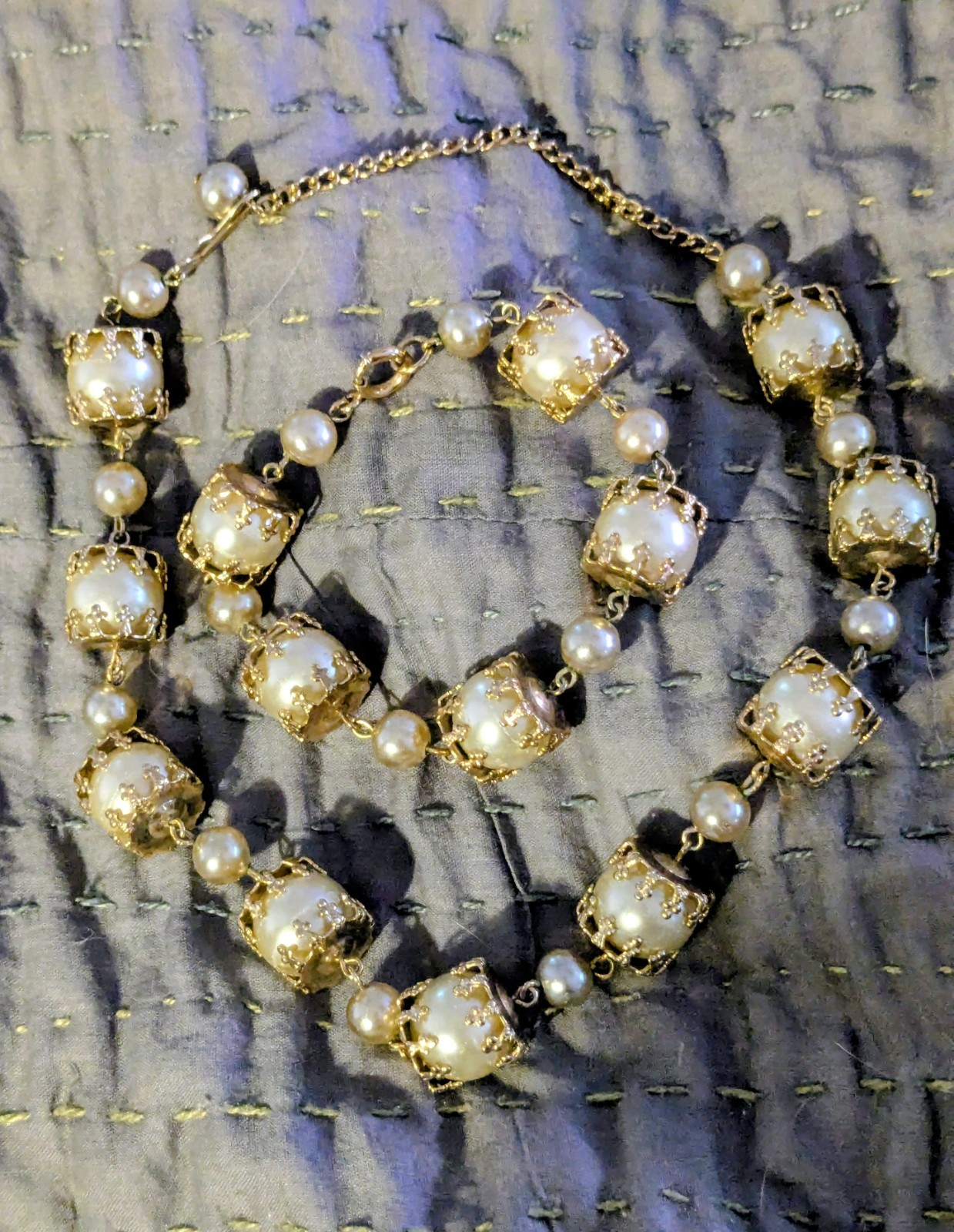 Petite Faux Pearls /Gold trim Necklace & Bracelet Set