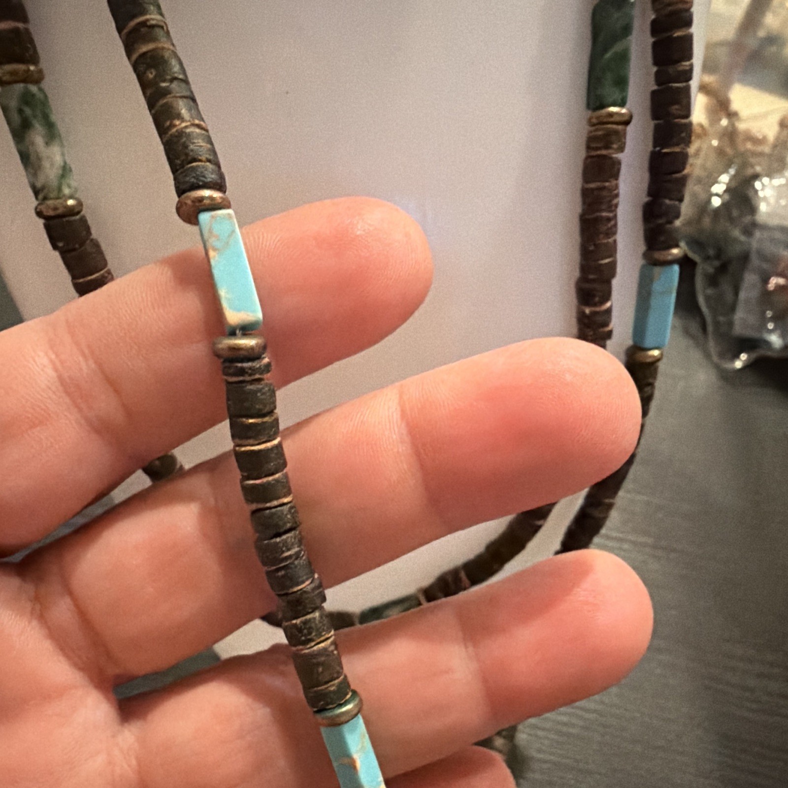 Turquoise Heishi Beaded Necklace Strand, Stone, Brown Blue Green Unisex