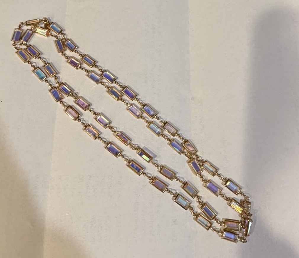Vintage Swarovski Aurora Borealis Baguette Crystal Necklace Gold Tone Signed