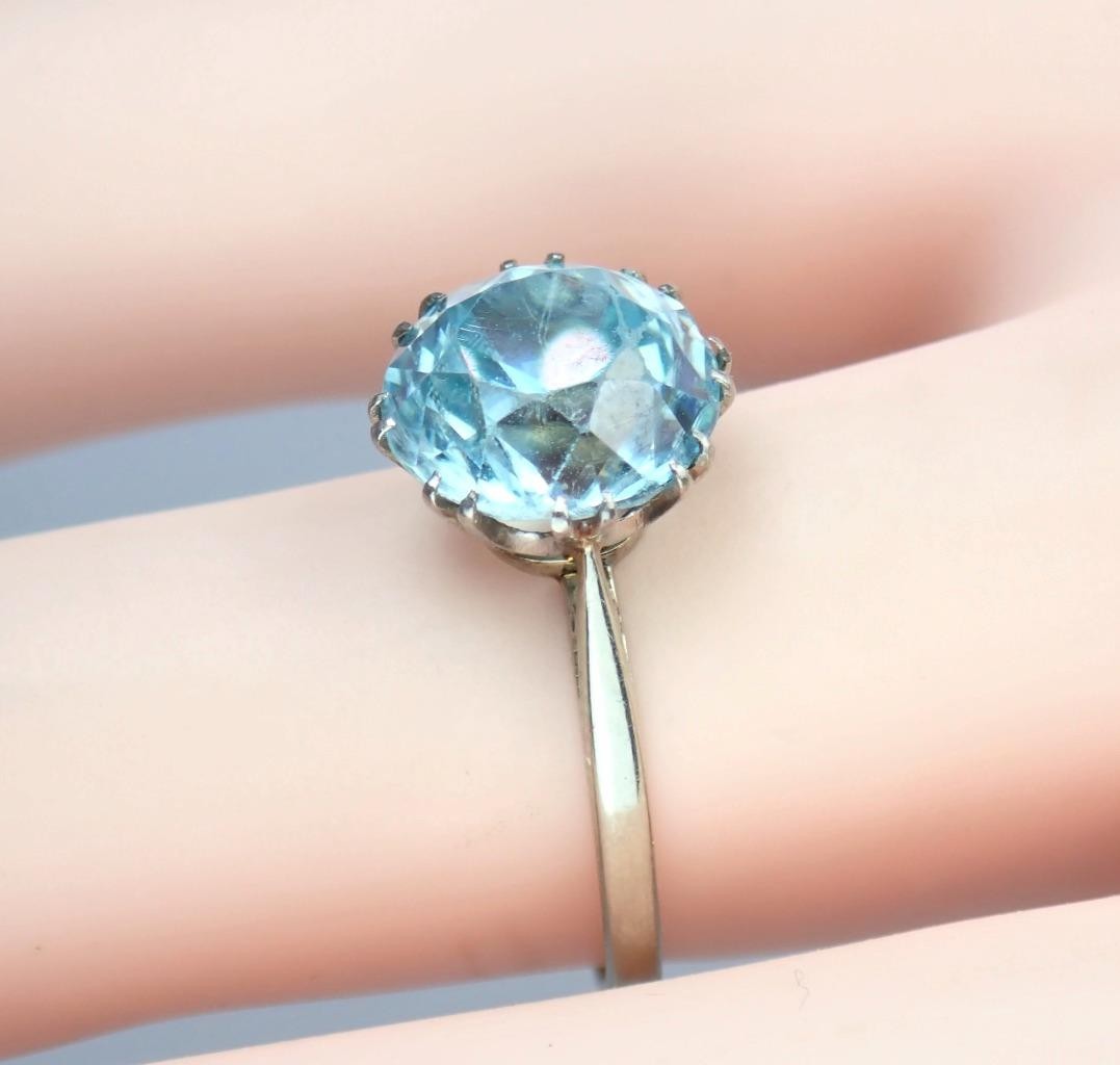 Antique Art Deco 18K Gold 5.4ct Old Cut Blue Zircon Solitaire Engagement Ring 6