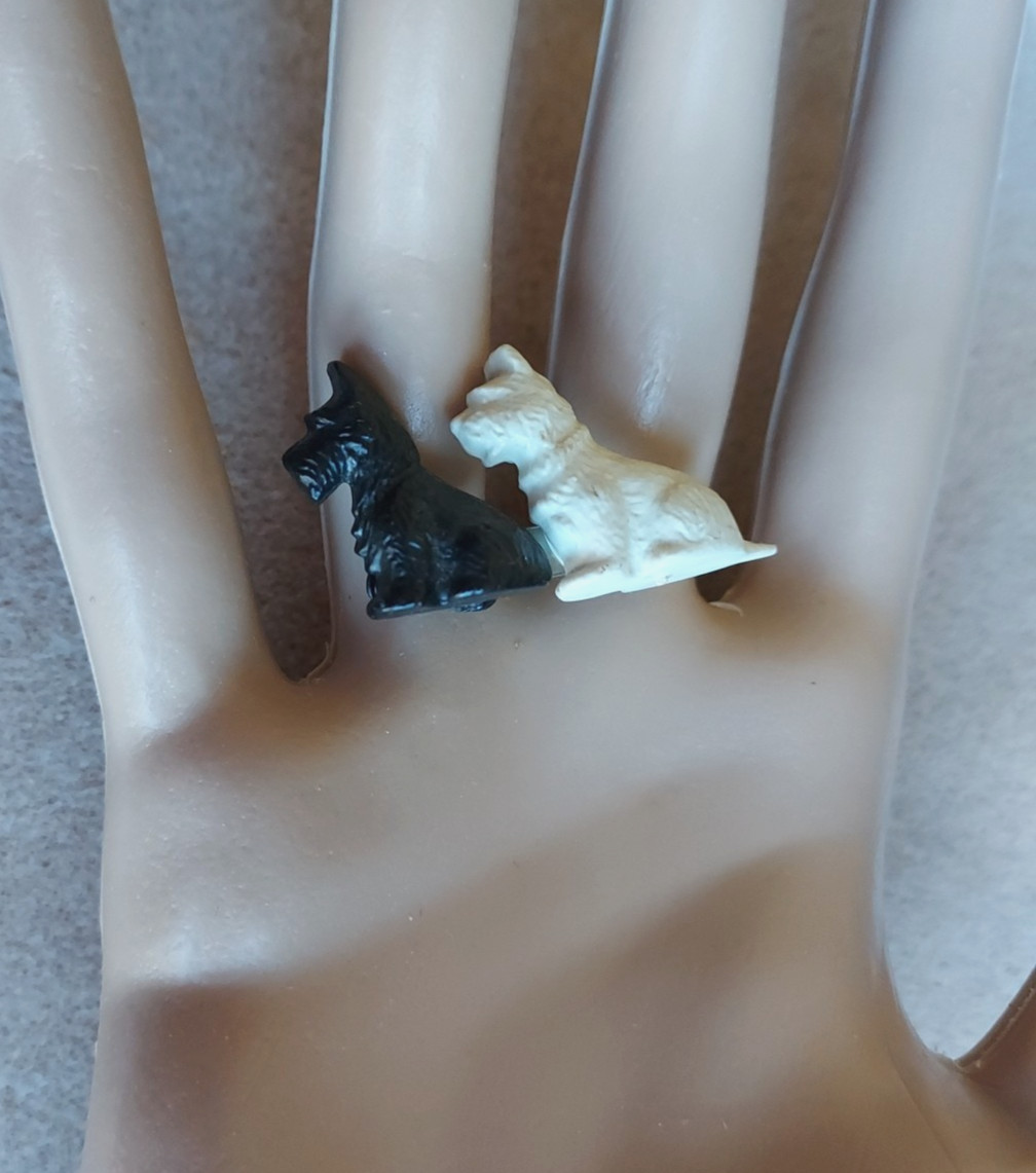 Scottie Dog Pin Black & White Celluloid Great Britain Signed 2 Dogs Vintage