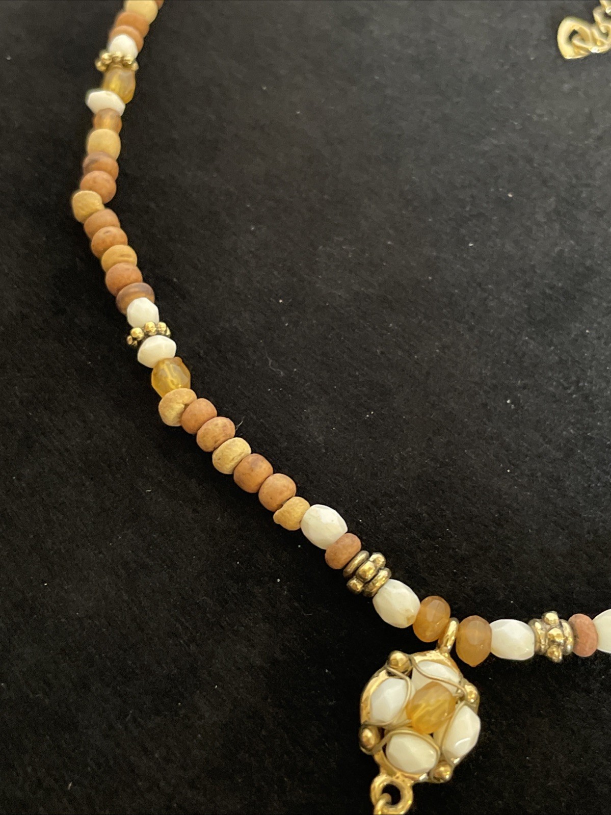 Wood Amber Resin White Beaded Lariat Choker Necklace 17 inches Hanging Pendant