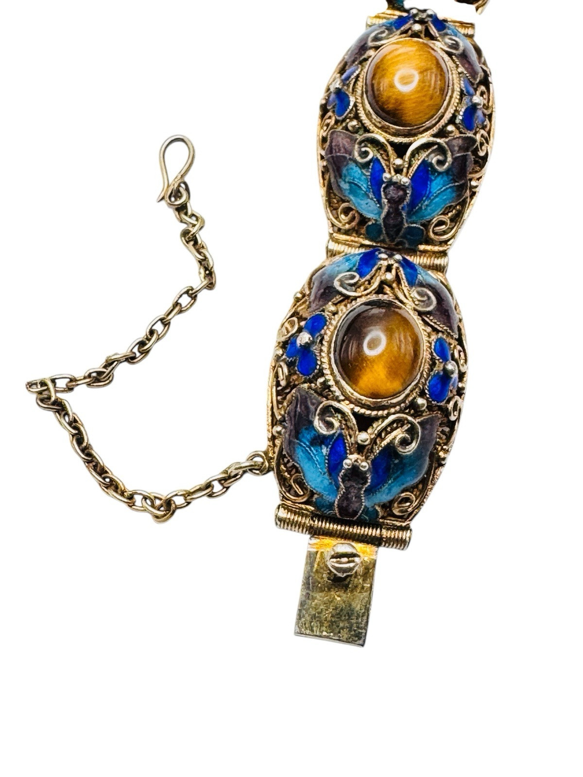 Vintage Chinese Export Gilt Silver Enamel Mesh Filigree Bracelet Tigers Eye Nice