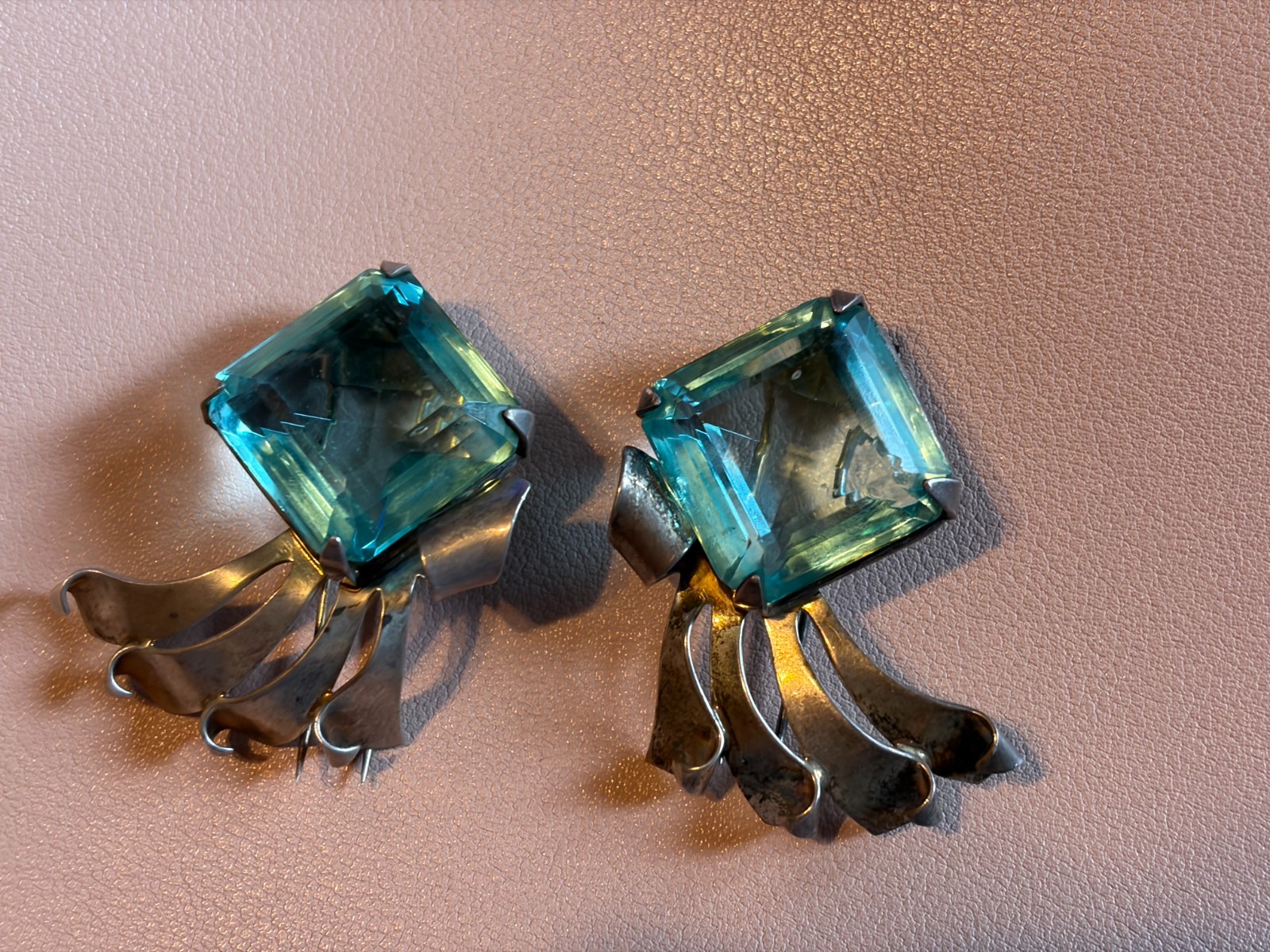 Vintage Art Deco Sterling Silver Emerald Cut Blue Topaz Drop Earrings
