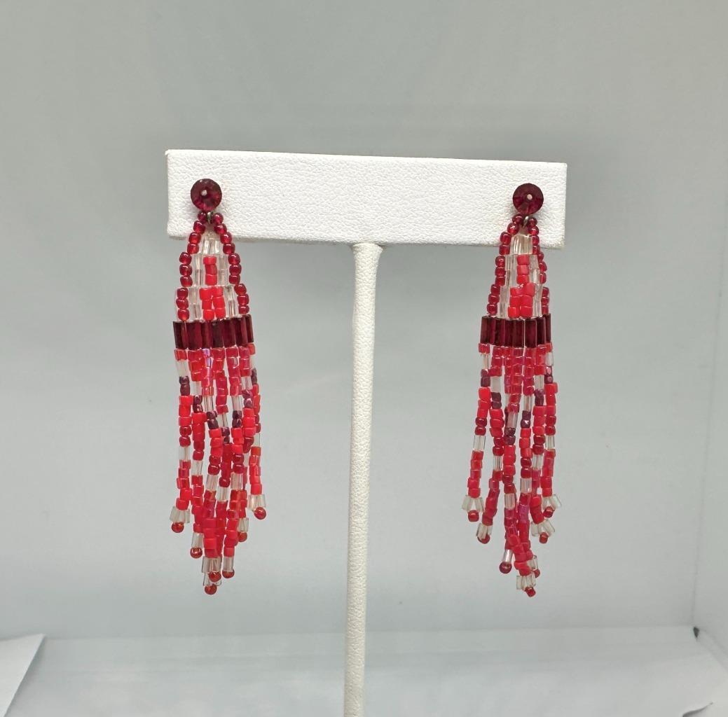Vikki Carr Estate Red Bead Earrings Certificate Of Authenticity Dangle 2.75 Inch