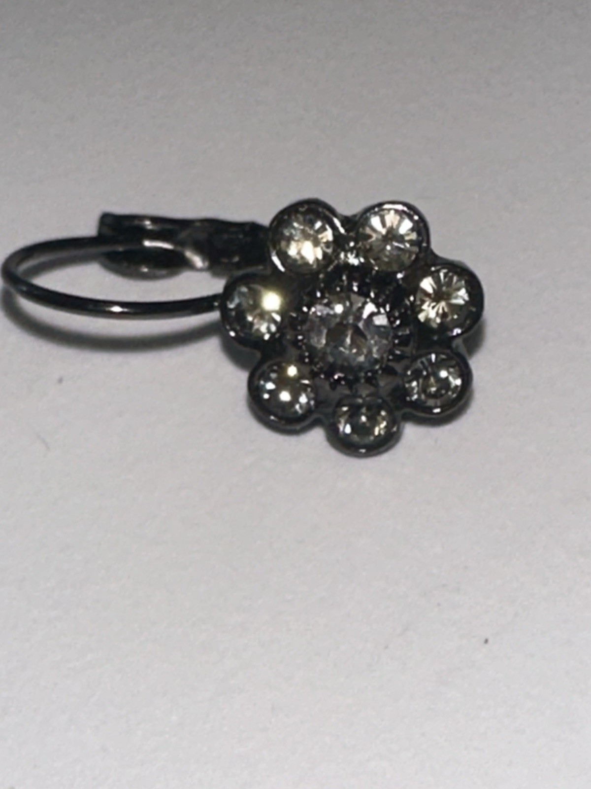 VTG Dark Grey Drop Leverback Earrings W/Crystals in a Floral Shape/Pierced Ears