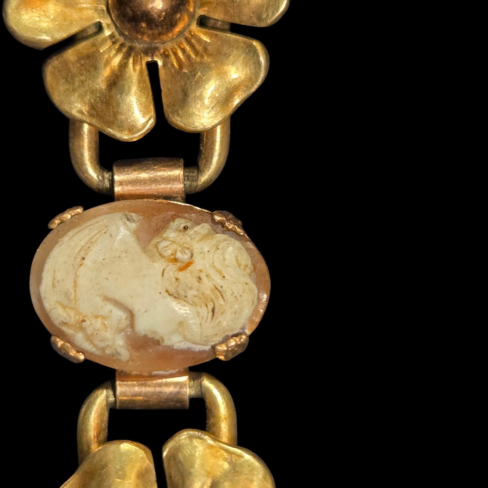 Vtg Kreisler Gold Filled Cameo Flower Link Two Tone Bracelet 1940s