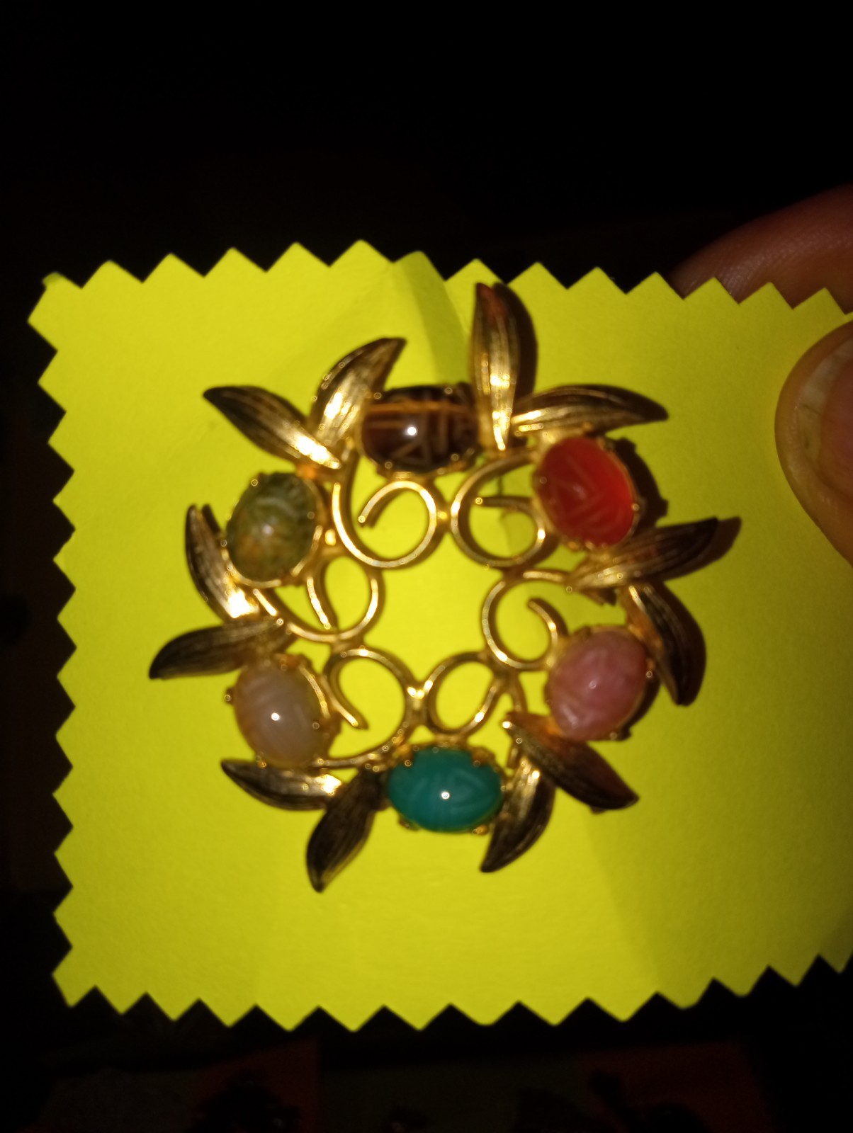 Vtg 12k GF Gold Filled Scarab Multi Gemstone Round Pin Brooch