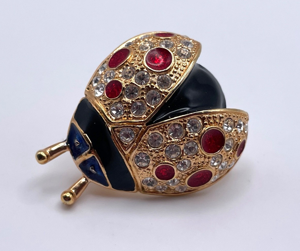 Vintage Roman Signed Gold Tone Ladybug Brooch Pin Red Clear Rhinestones Enamel