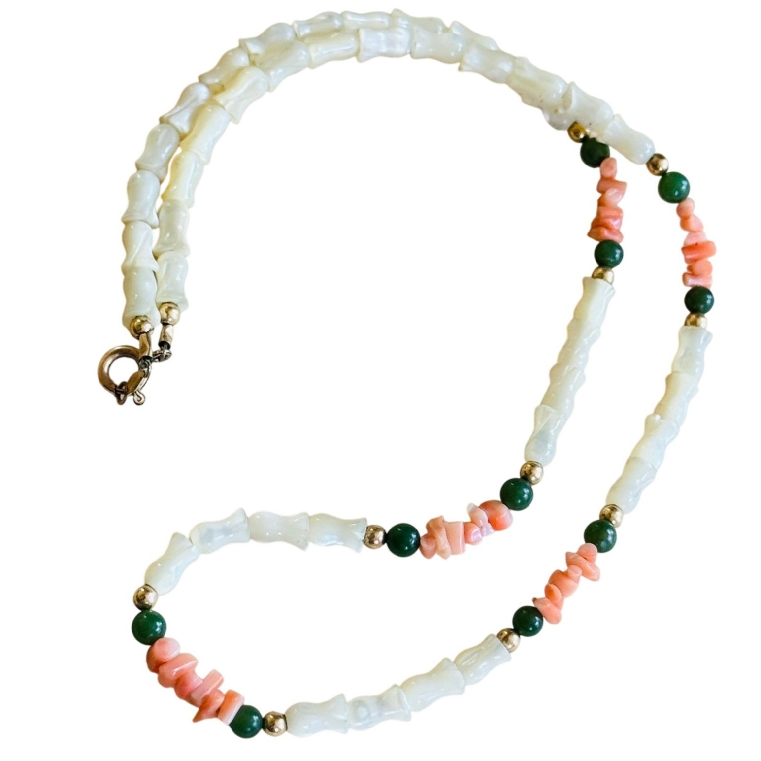 VTG Floral Coral Necklace Mother Of Pearl Jade Genuine Beads Carved Gold Filled