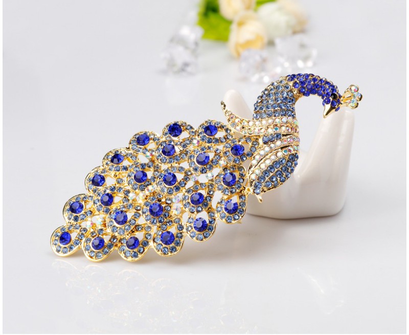 Elegant Blue Peacock Brooch Pin Crystal Rhinestone Bird Jewelry Gift Goldtone