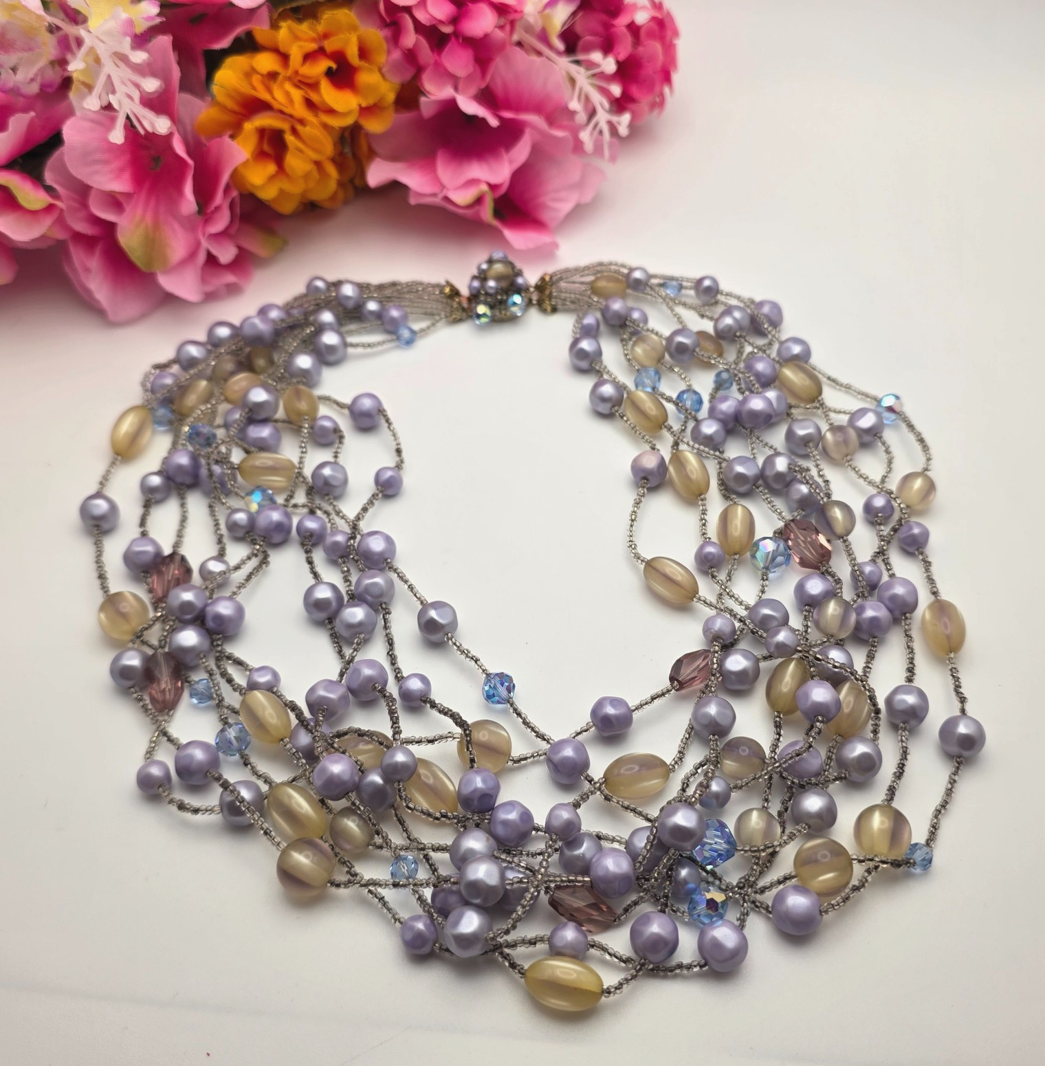 Vintage Lavender Faux Pearl Crystal Lucite 10 Strand Waterfall Necklace 21 In