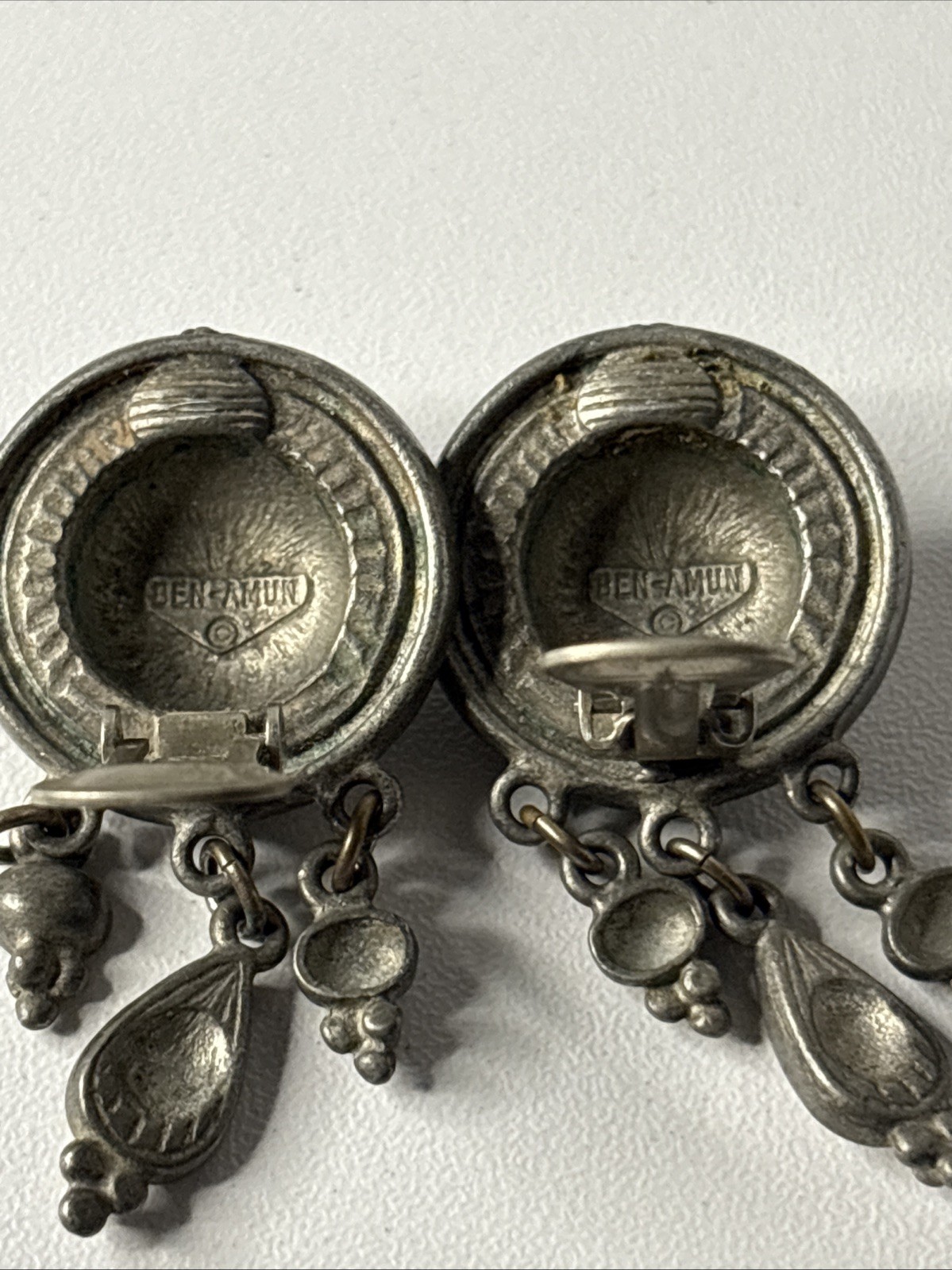 Ben Amun Signed Silver Tone Engraved Medallion Earrings W Three Teardrop Dangles