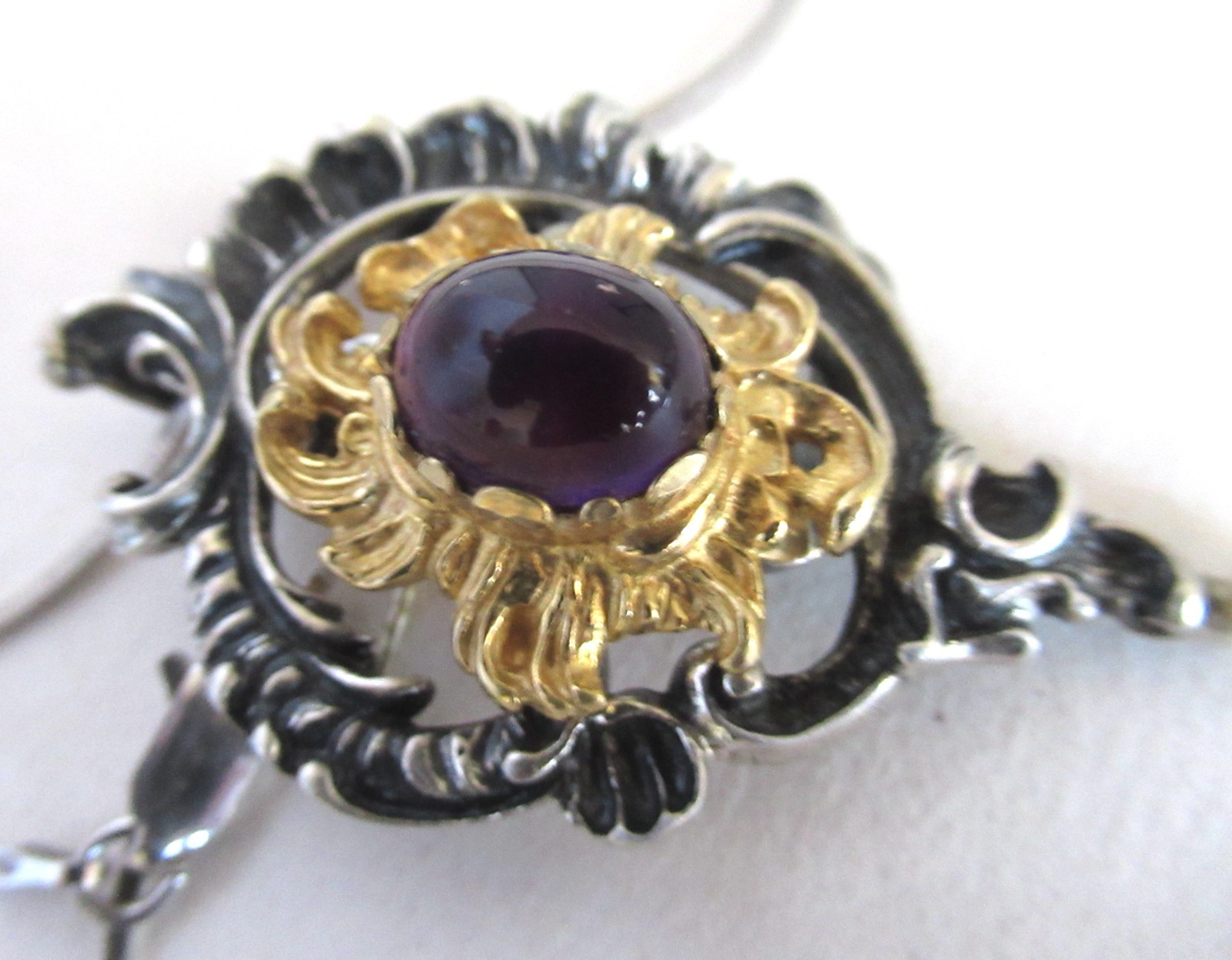 VINTAGE EUROPE 835 STERLING & GOLD PENDANT NECKLACE 2.10 INCHES AMETHYST & PEARL