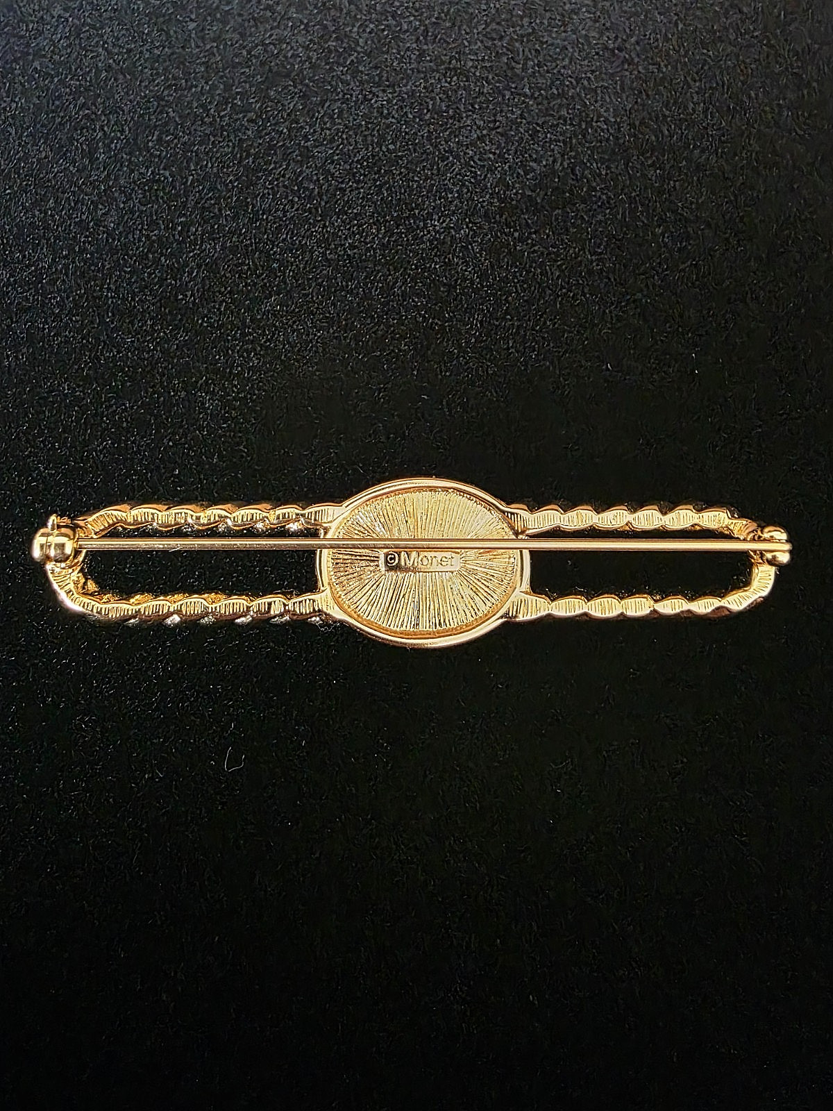 Signed Monet 1980s Gold‑Tone Bar Brooch with Blue Stone • Office Chic Vintage