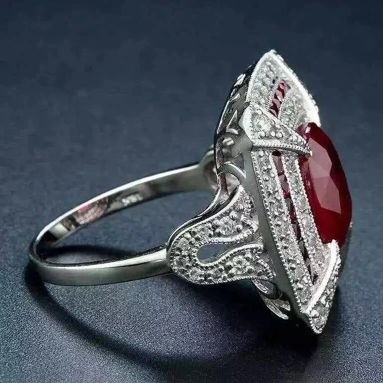 5.54Ct Art Deco Vintage Lab Created Ruby Wedding 14K White Gold FN Cocktail Ring
