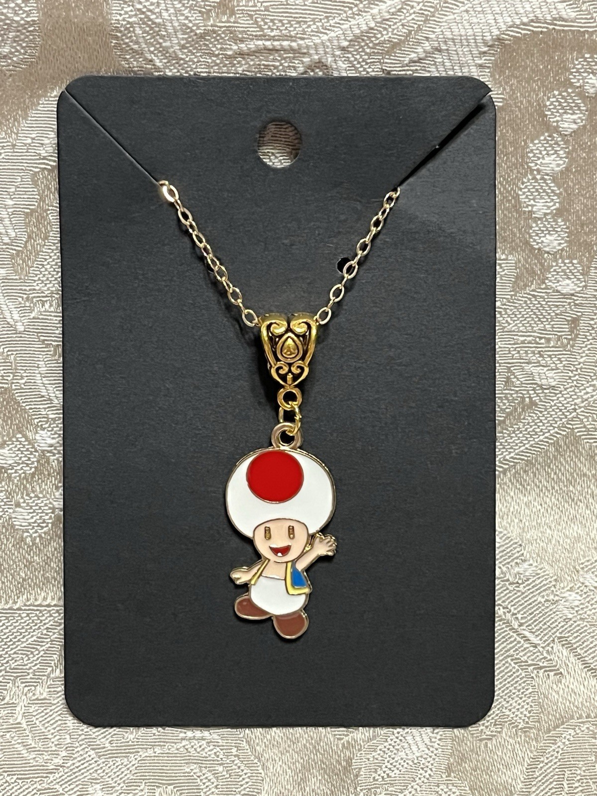 Cartoon Mario Toad Video Game Gold Enamel Bohemian Trendy Necklace 18”