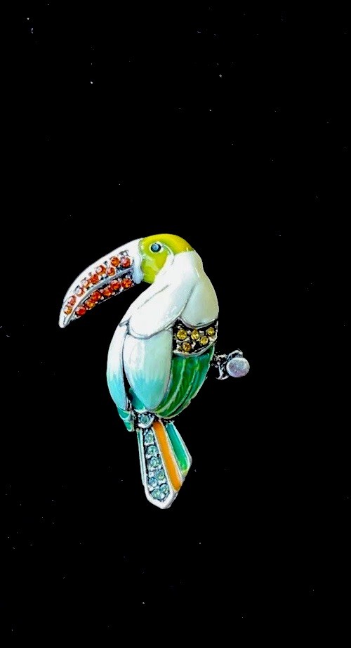 VTG Enamel Rhinestone Lucite Silver Metal Alloy Wire Rhinestone Bird Brooch 1950