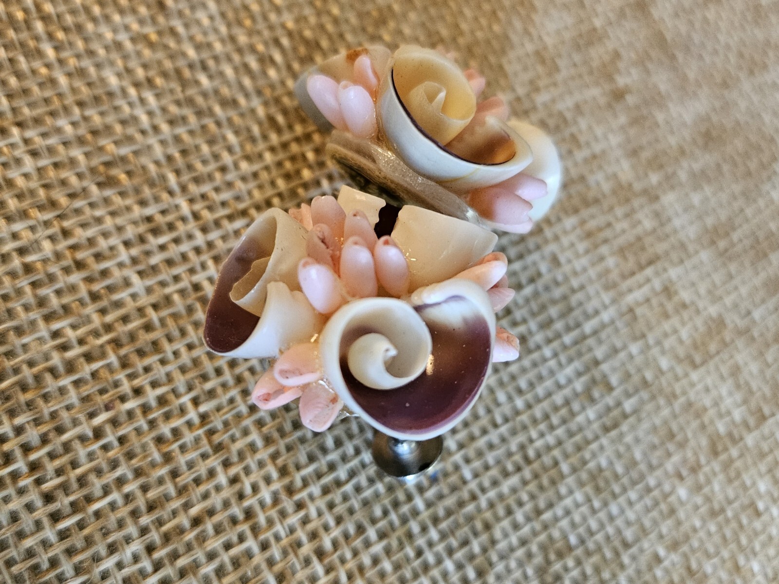 Vtg. Handmade Tropical Sea Shell, Art Bouquet Screw Back Earrings, Beach Ware