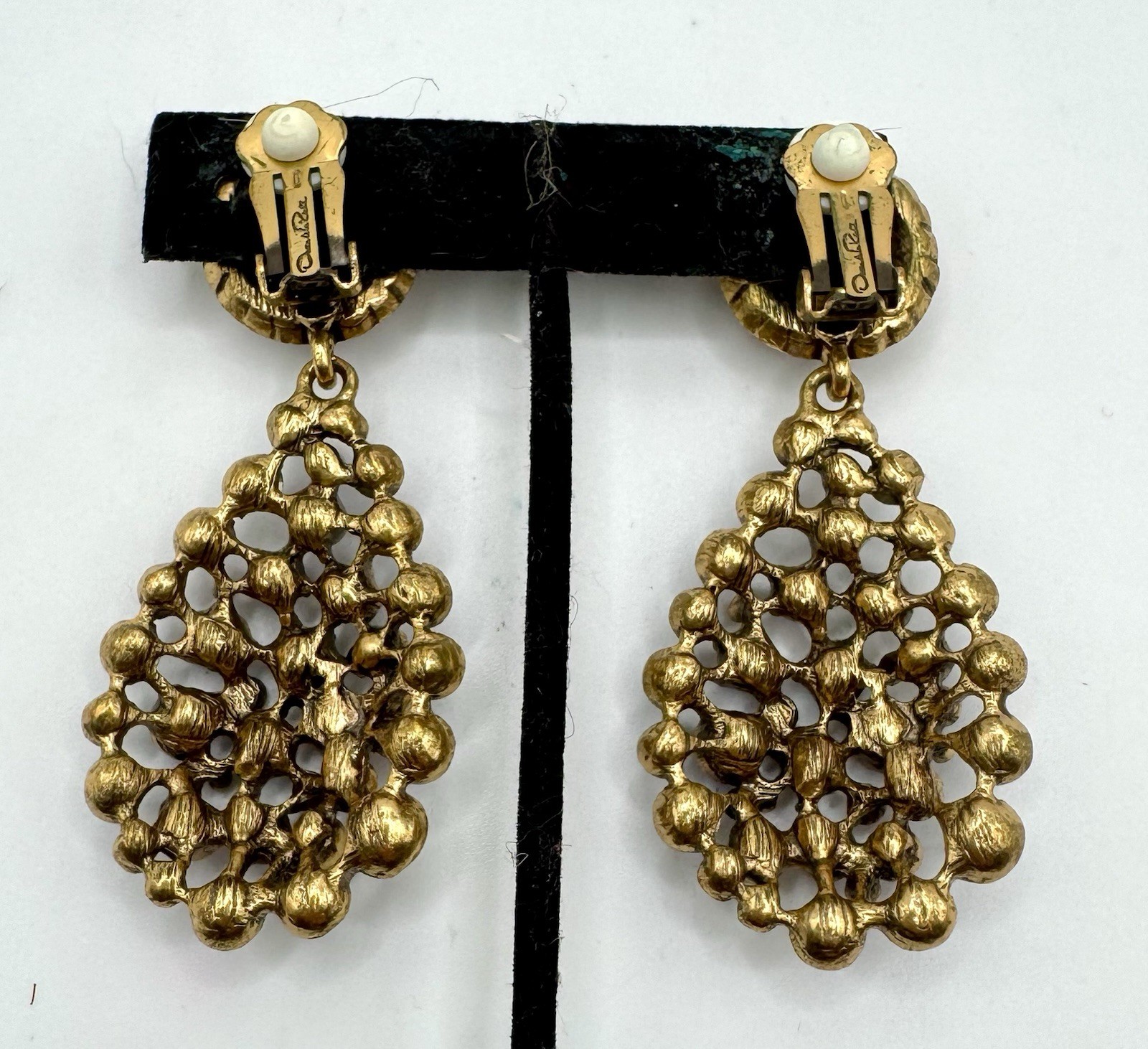 Vintage Oscar de La Renta Gold-Tone With Blue & Purple Crystal Drop Earrings
