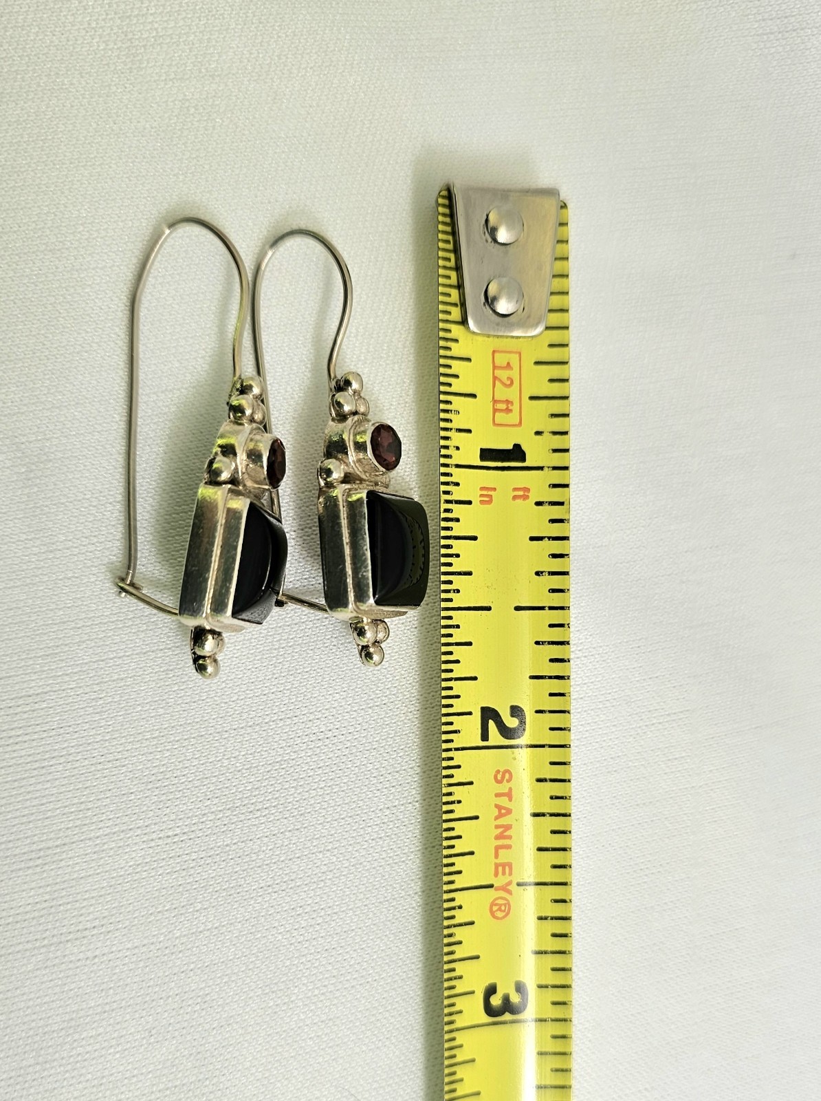 Sterling Silver Black Onyx Garnet Hook Pierced Earrings Gemstone Jewelry 1 1/2″