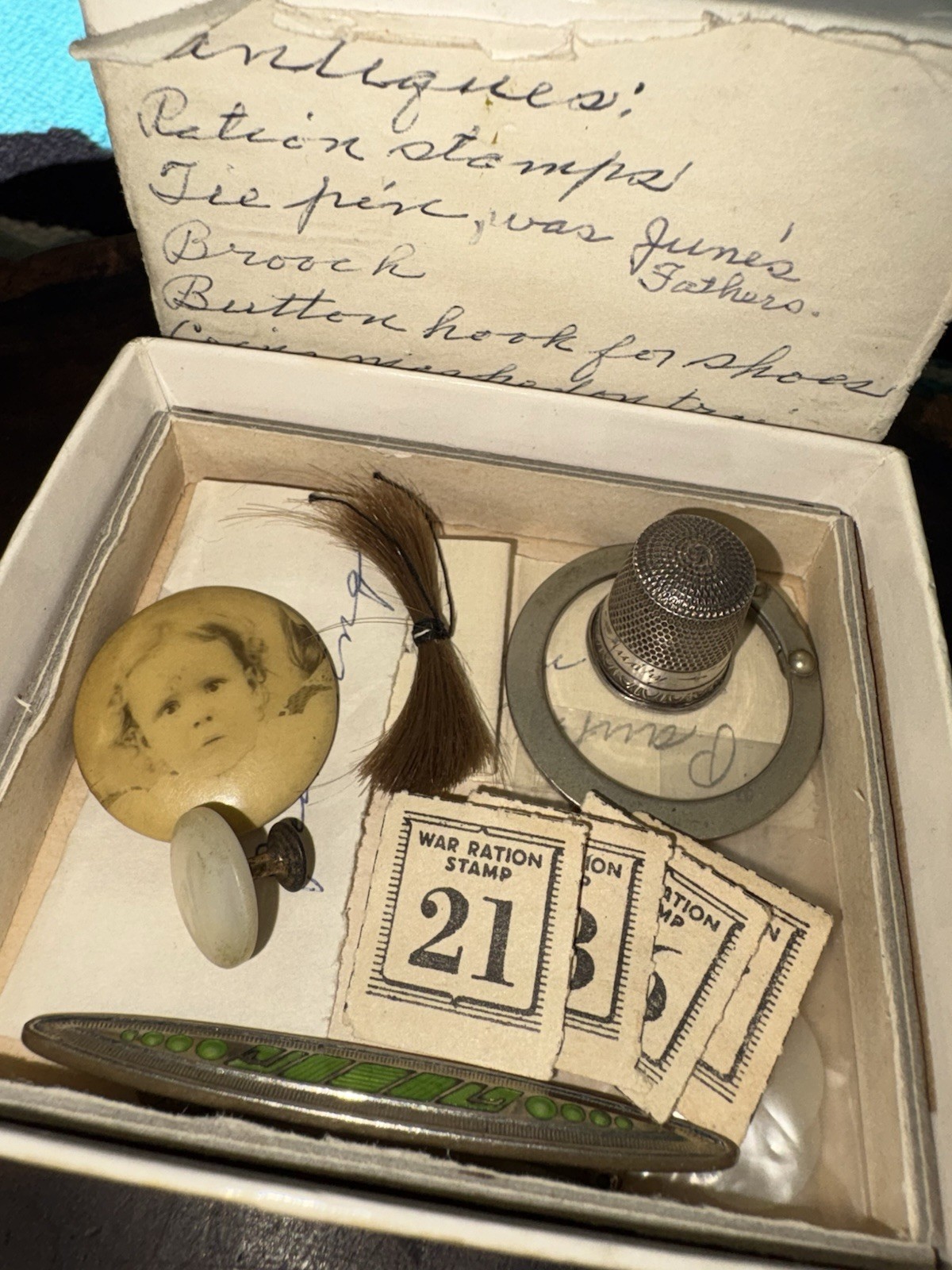 Antique War Keepsakes In Box Sterling Silver Thimble Stamps Brooch Button Etc.