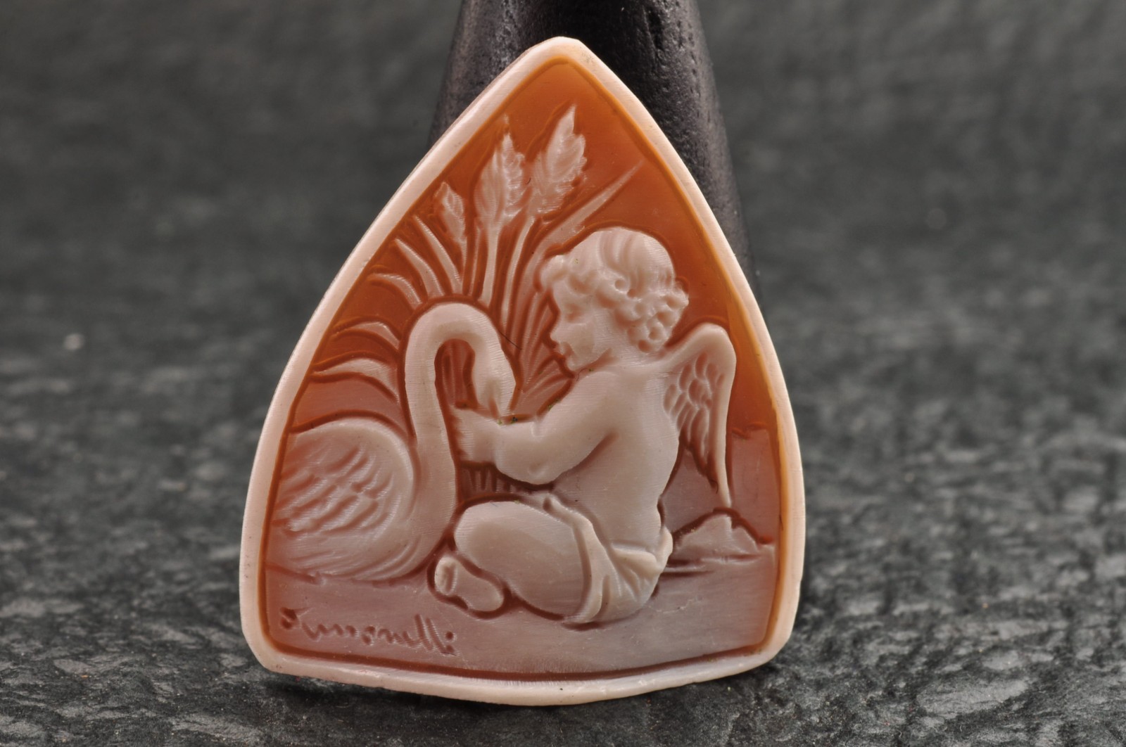 Vintage small shell cameo, “Swan and Angel”, (11.5ct) sign by artist with case.