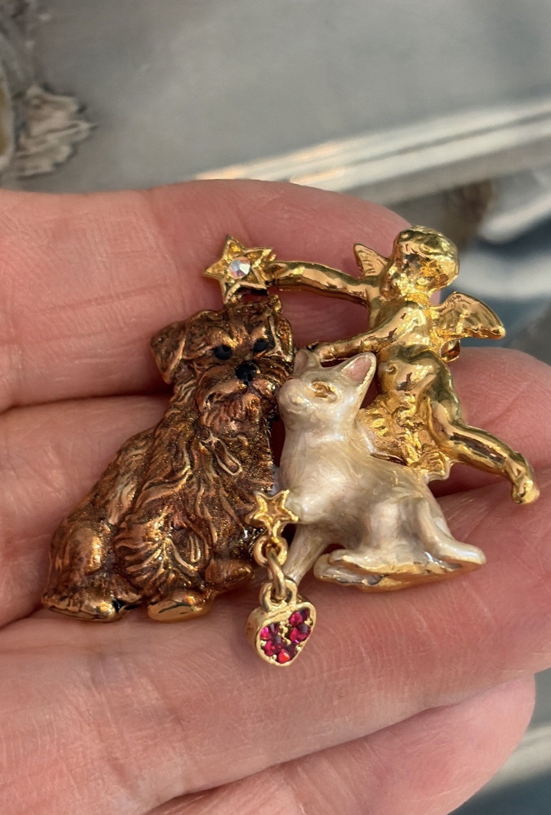 Retired Kirk’s Folly Rainbow Bridge Pin Dog And Kitty With Angel