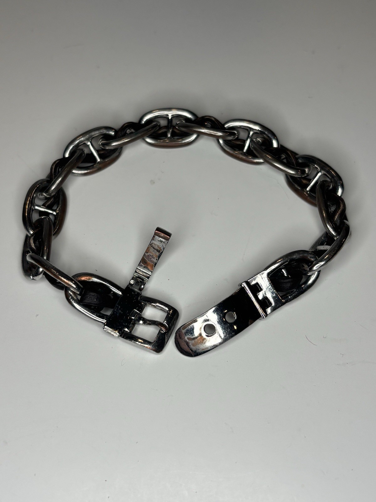 Vintage Ralph Lauren RL L Chain Link Belt Buckle Bracelet Silver Tone 6.75”
