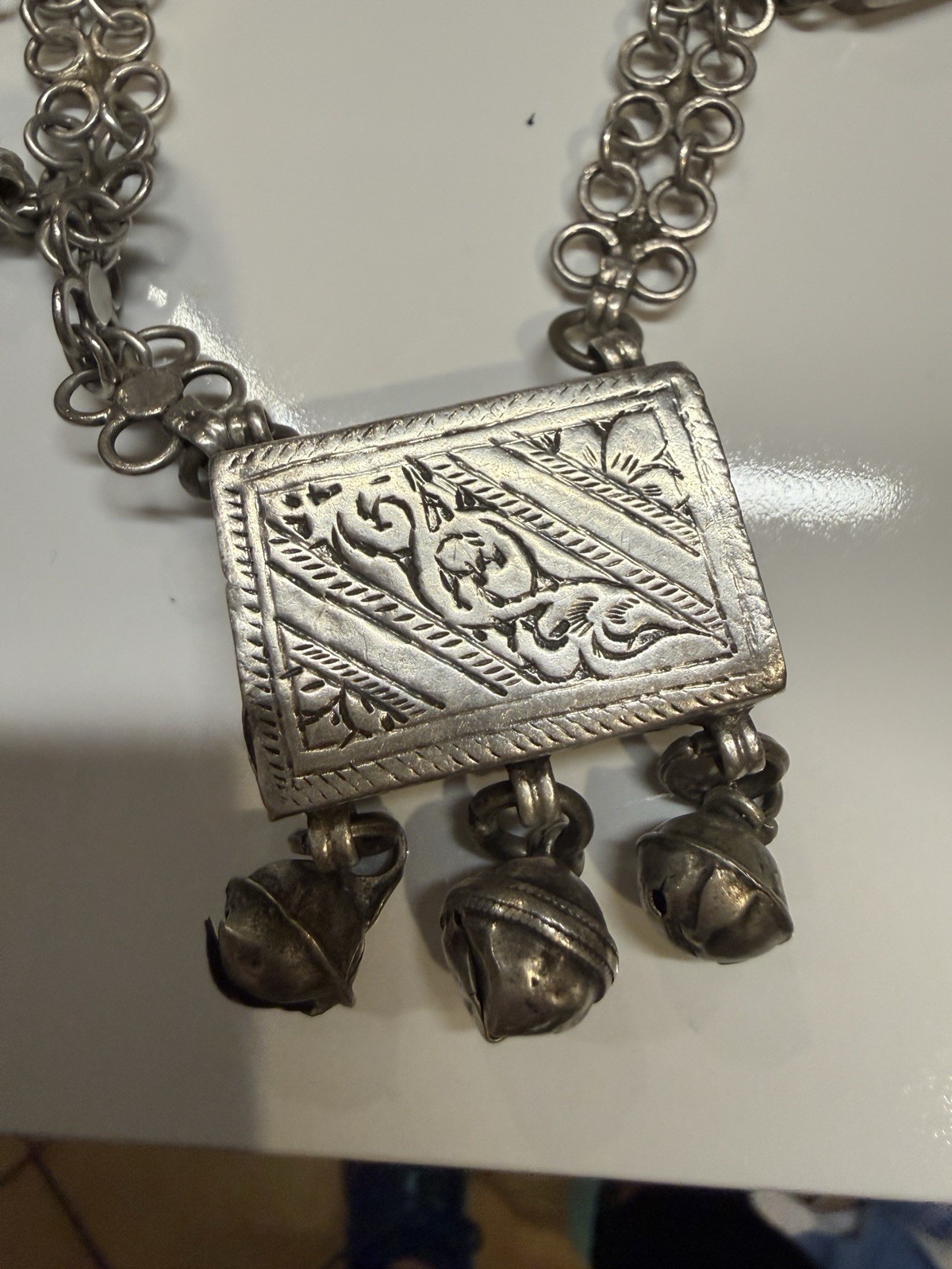 Antique silver alloy necklace, charms, 92gr. From Middle East. Mid-Century.