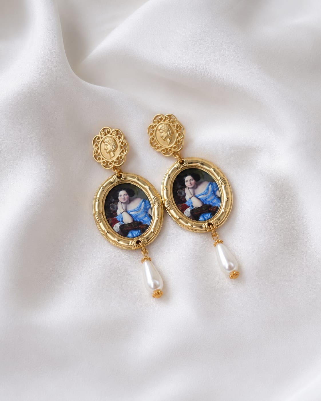 Vintage Portrait Pearl Drop Earrings Gold Baroque Victorian Rococo Dangle Gift