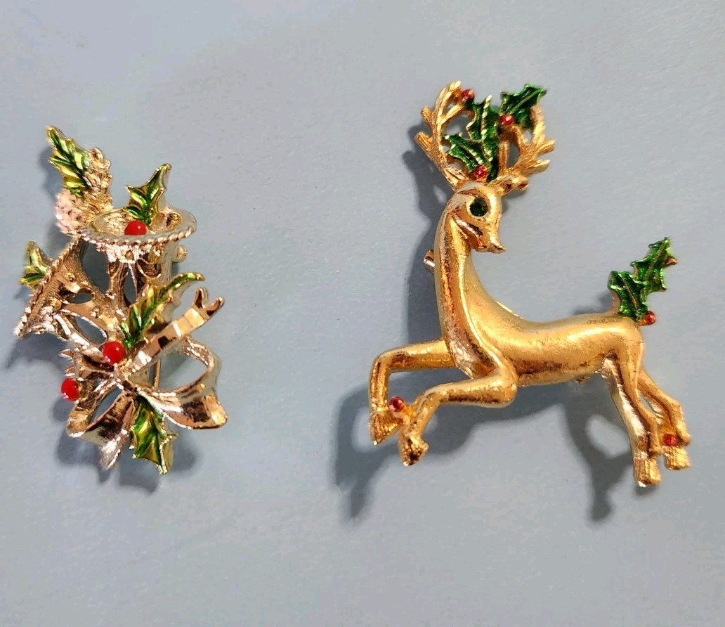 Vintage Holiday Pins And Clip On Earrings Bundle, Various Material