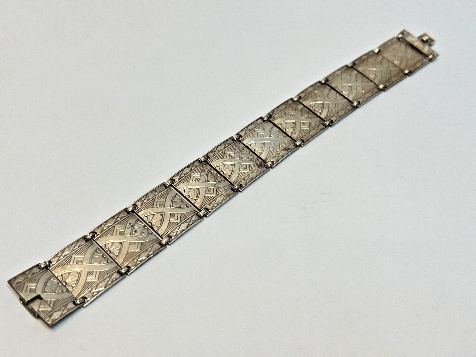 Antique German 835 Silver Art Deco Link Panel Bracelet Geometric Flowers