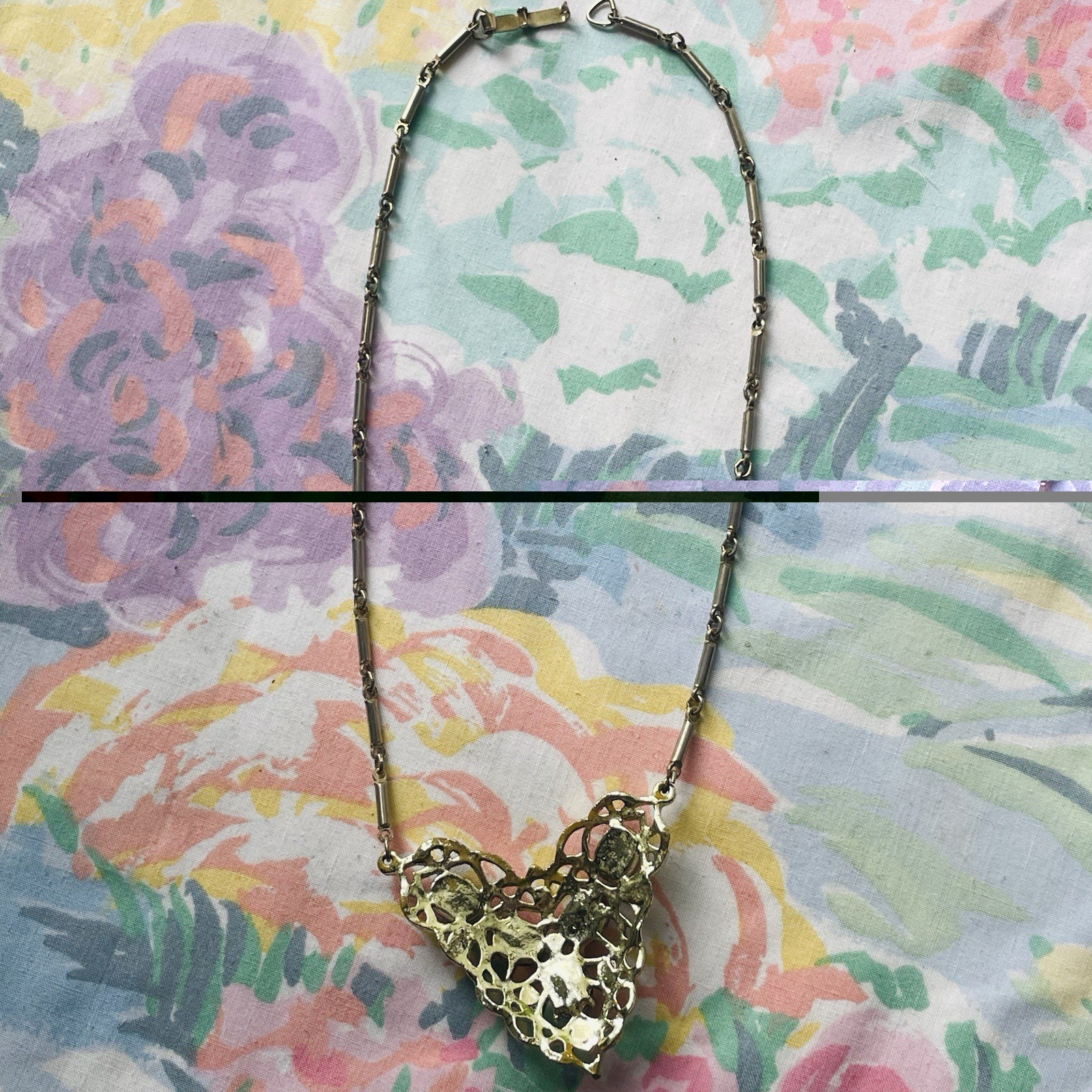 Vintage Chain Link Necklace With Purple Rhinestones Cabochon Beads AS IS