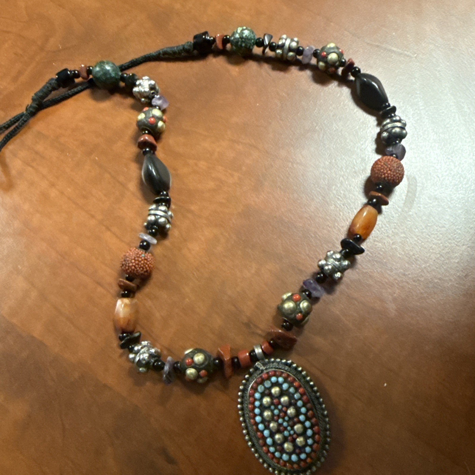VTG Artisan Silver Tribal Gemstone Estate Necklace Coral Turquoise 80s Statement