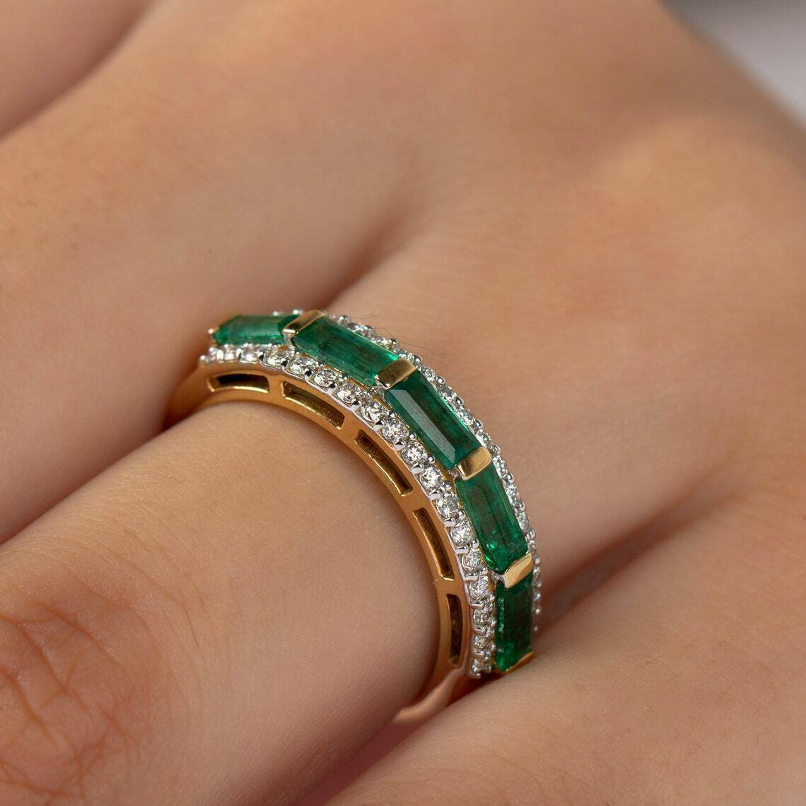 2Ct Lab Created Emerald Engagement Wedding Band Ring 14K Yellow Gold Plated