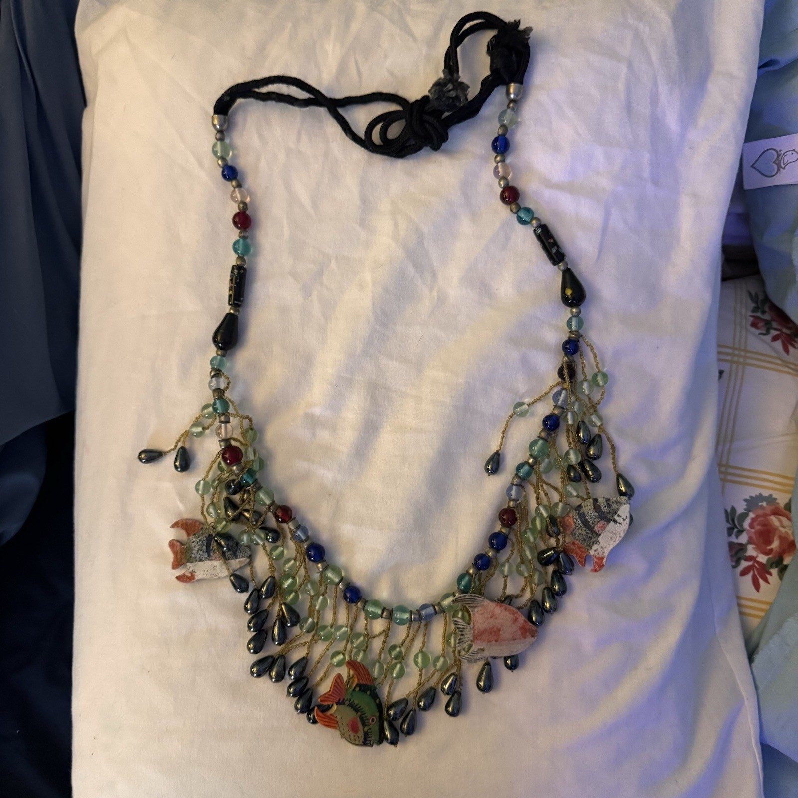 Vintage Tropical Triggerfish Necklace. Beaded, Large, Leave With Rope Tie.