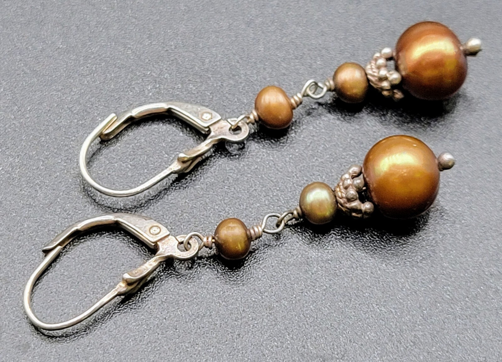 Vintage GOLDEN BROWN PEARL & Sterling Silver Earrings BOHO Ethnic GYPSY Pagan