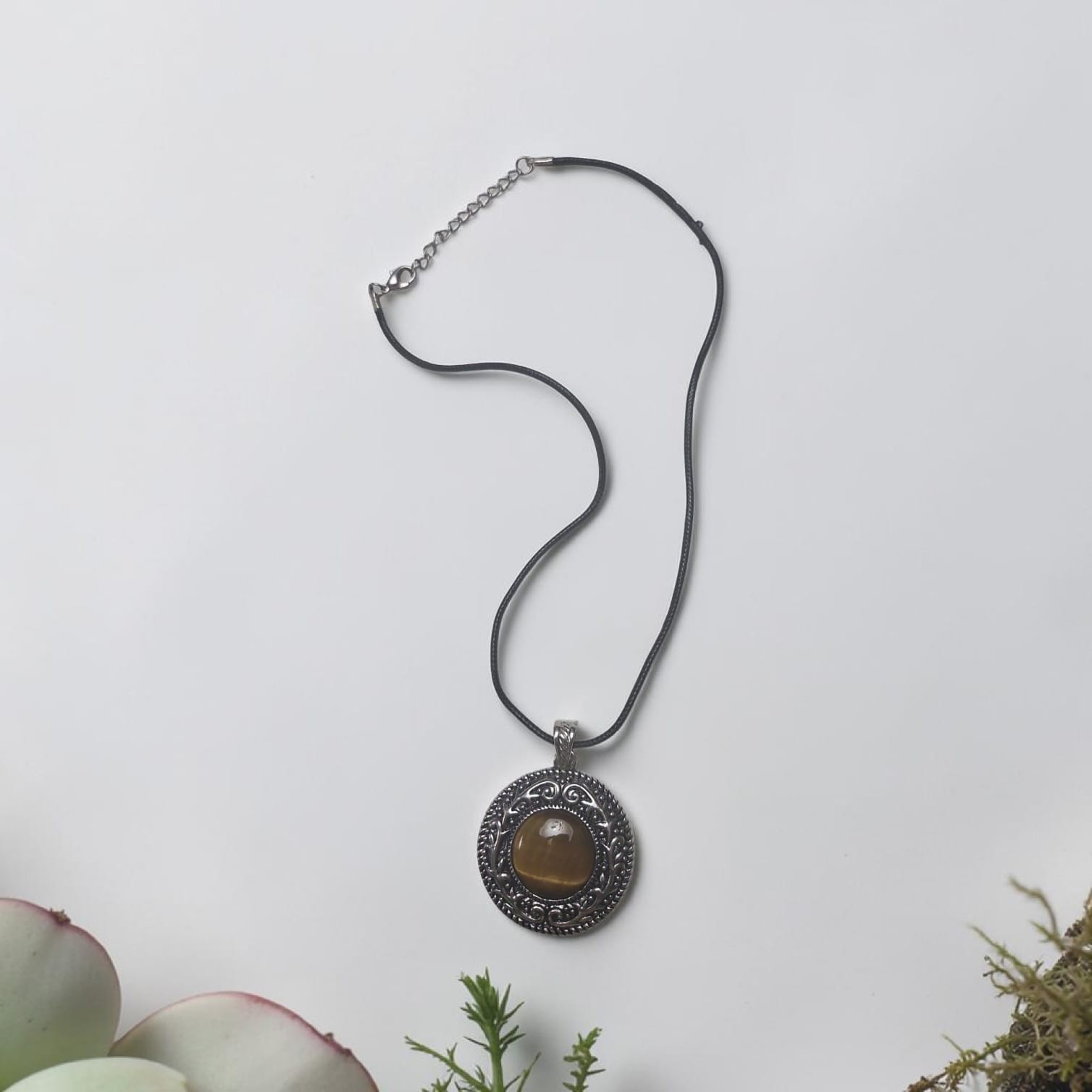 Vintage Boho Tiger Eye Style Pendant Necklace Silver Tone Round Filigree Stateme