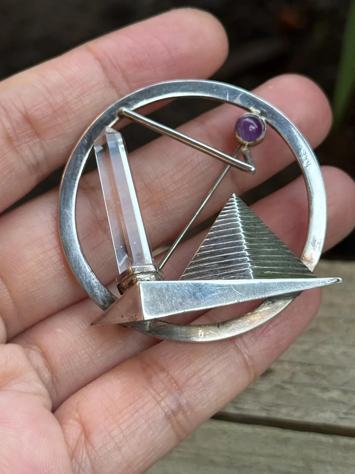 Artisan vintage brooch 925 sterling silver Bergkristall Amethyst