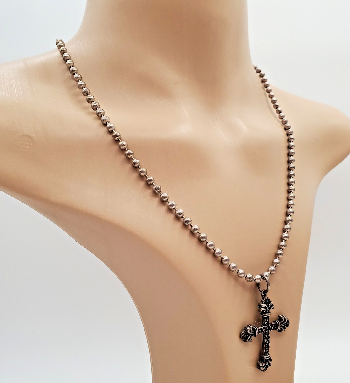 VTG 925 Ornate Cross Necklace 20in Sterling Silver 27g Ball Chain Italy Estate