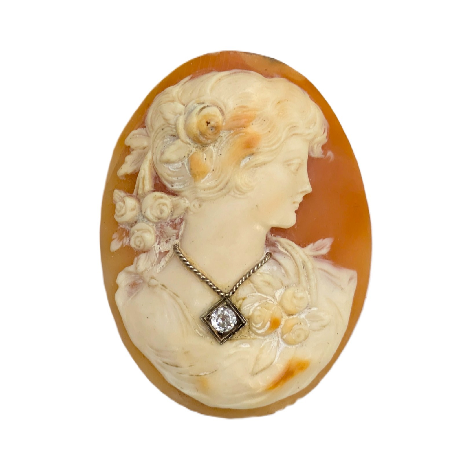 Vintage Large Carved Shell Cameo w/Diamond Necklace, 2-1/8”long X 1-5/8” Wide