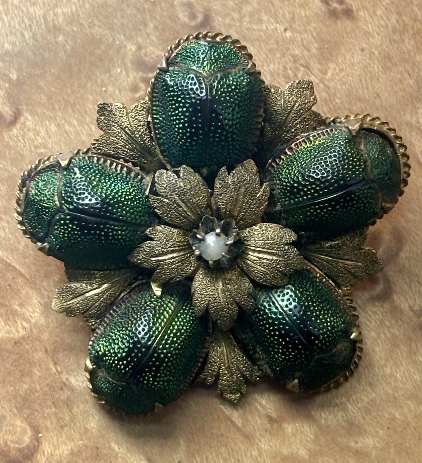 Antique Victorian Egyptian Five Real Scarab Beetles Gold Plated Brooch