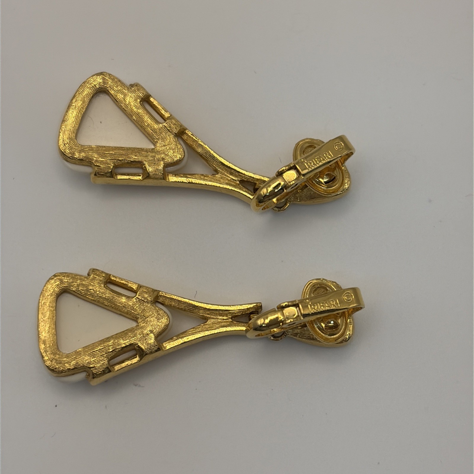 Vintage Crown Trifari Dangle Gold Tone White Clip On Earrings, Elegant 1 1/2”