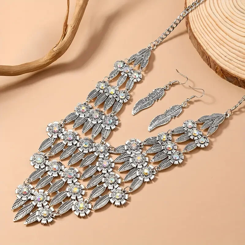 Silver Tone Leaf Crystals Accent Dangle Necklace Earrings Set